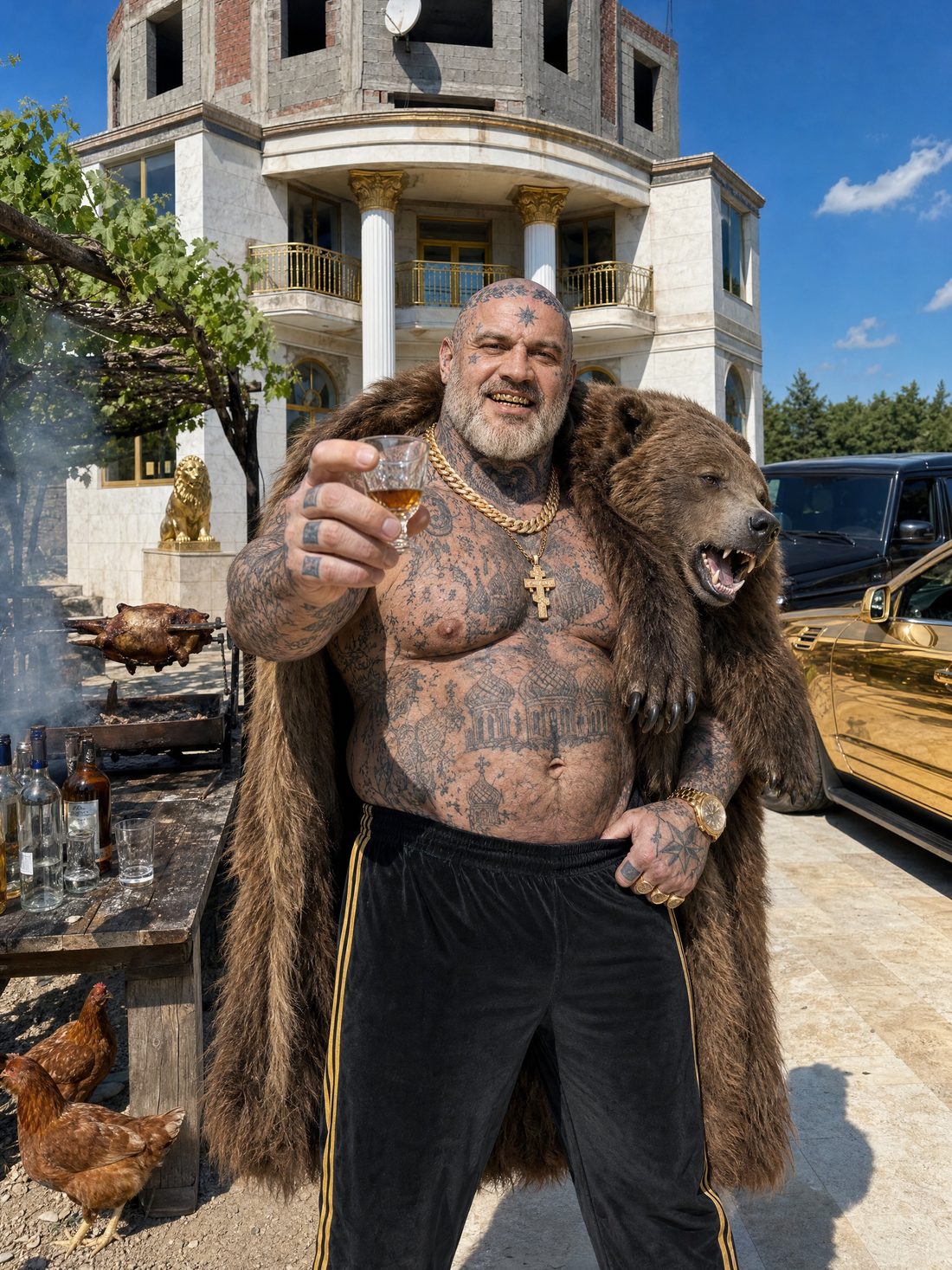 Yaroslav in his bear coat raising a glass of plum brandy in front of his half-finished marble villa, a gold-wrapped SUV and chickens nearby